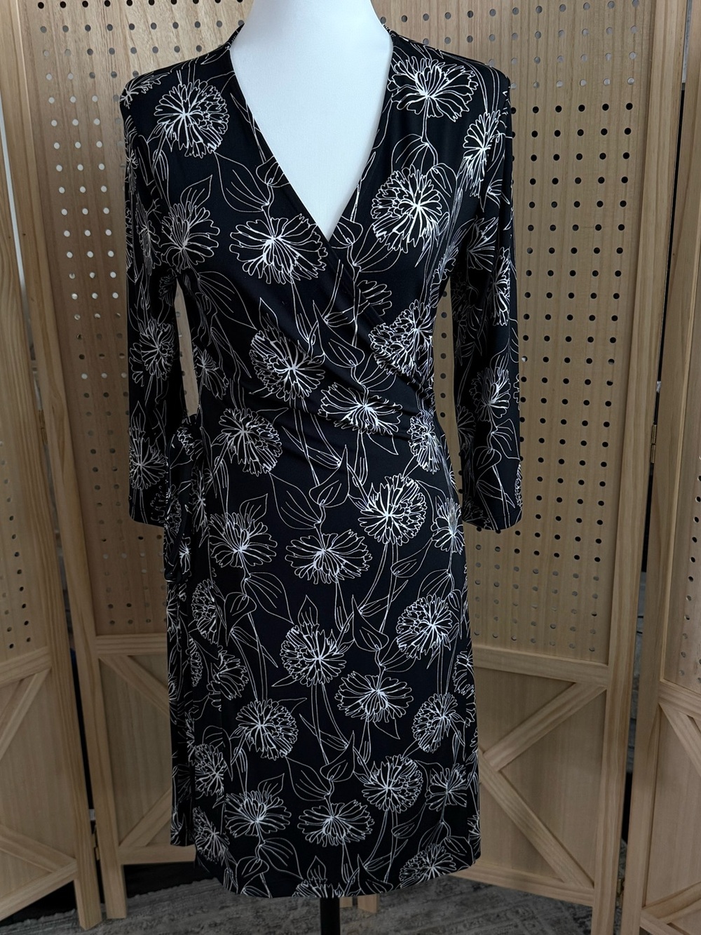 Banana Republic Black Wrap Midi Dress with White Floral Print